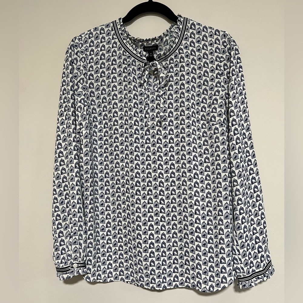 Talbots Blue/White Birdcage Novelty Print Long Sleeve Peasant Top Size Medium